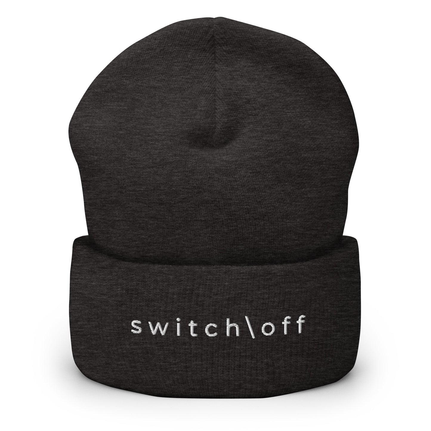 100% hypoallergenic Turbo acrylic cuffed beanie in dark gray with white switch\off embroidery - An Athlete Trains recovery gear.