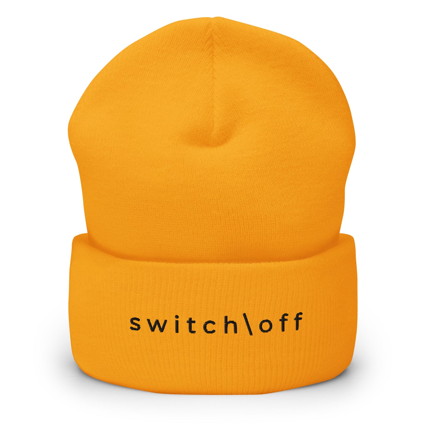 100% hypoallergenic Turbo acrylic cuffed beanie in gold with black switch\off embroidery - An Athlete Trains recovery gear.
