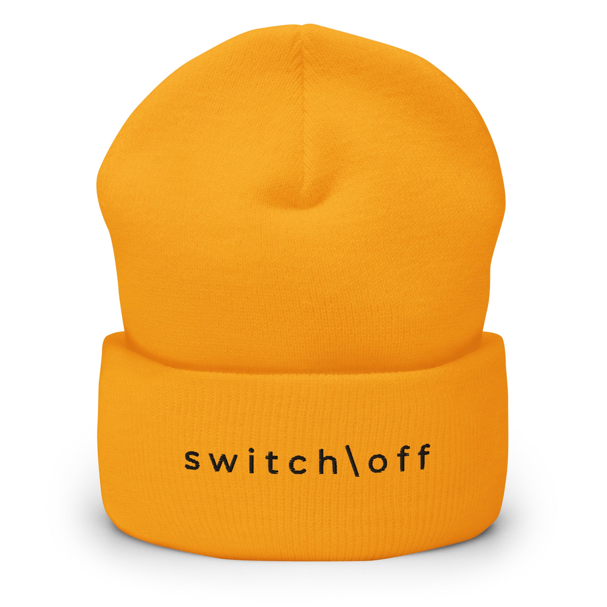 100% hypoallergenic Turbo acrylic cuffed beanie in gold with black switch\off embroidery - An Athlete Trains recovery gear.