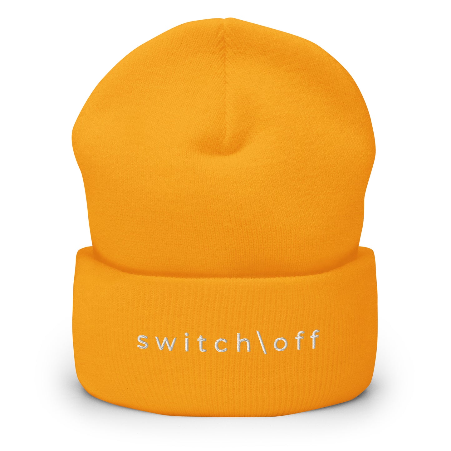 100% hypoallergenic Turbo acrylic cuffed beanie in gold with white switch\off embroidery - An Athlete Trains recovery gear.