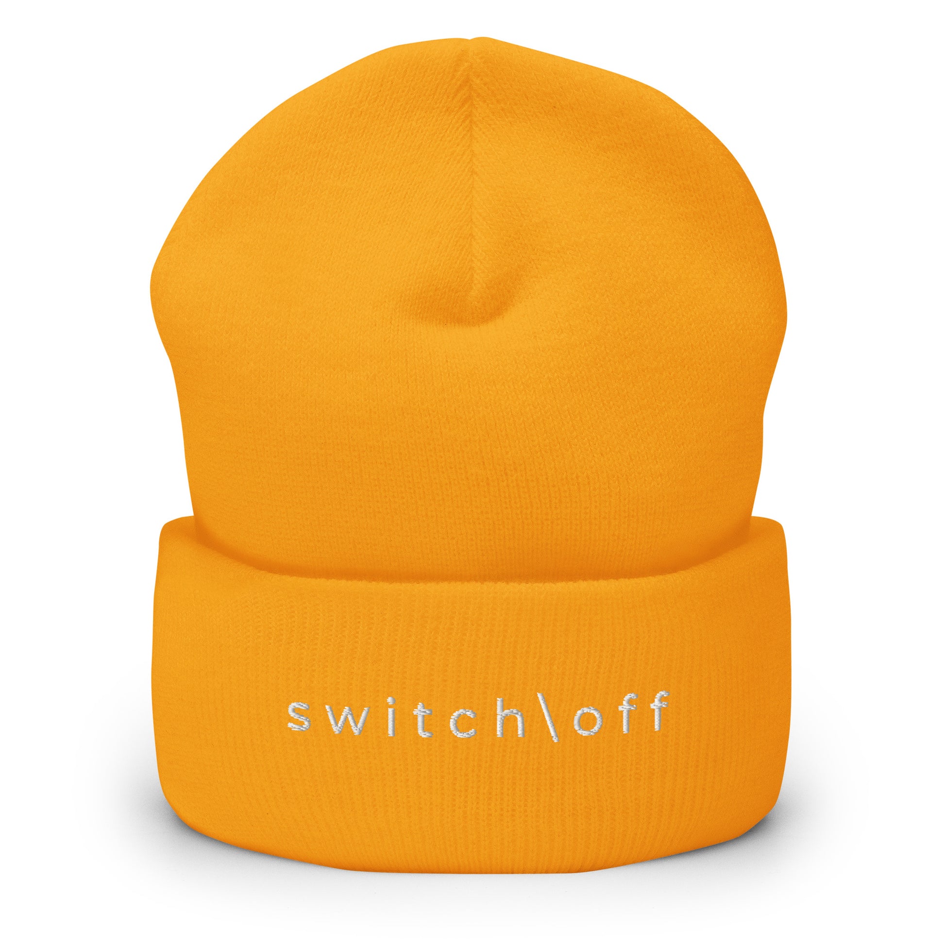 100% hypoallergenic Turbo acrylic cuffed beanie in gold with white switch\off embroidery - An Athlete Trains recovery gear.