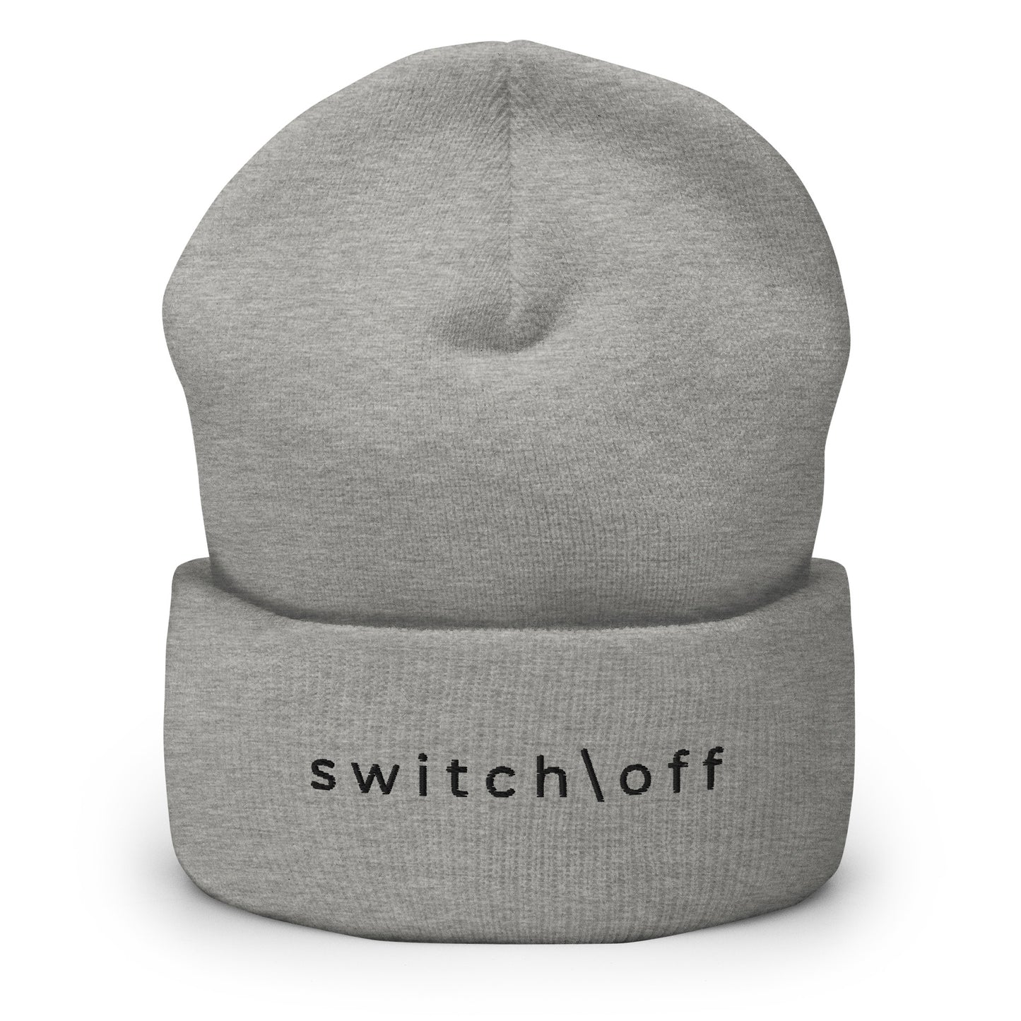 100% hypoallergenic Turbo acrylic cuffed beanie in gray with black switch\off embroidery - An Athlete Trains recovery gear.