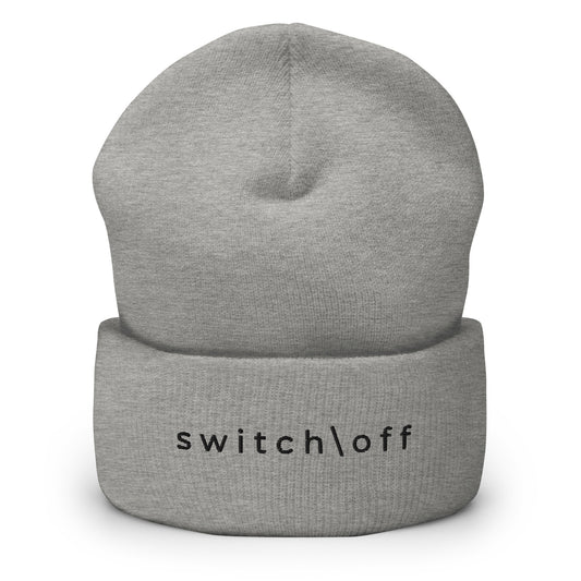100% hypoallergenic Turbo acrylic cuffed beanie in gray with black switch\off embroidery - An Athlete Trains recovery gear.