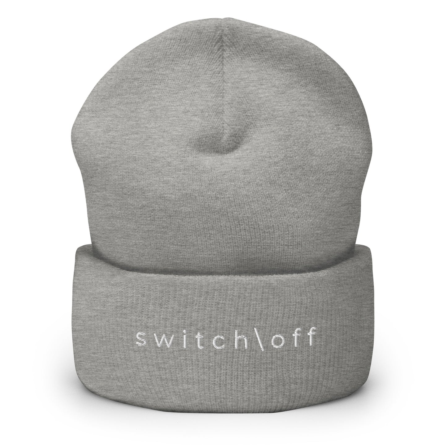 100% hypoallergenic Turbo acrylic cuffed beanie in gray with white switch\off embroidery - An Athlete Trains recovery gear.