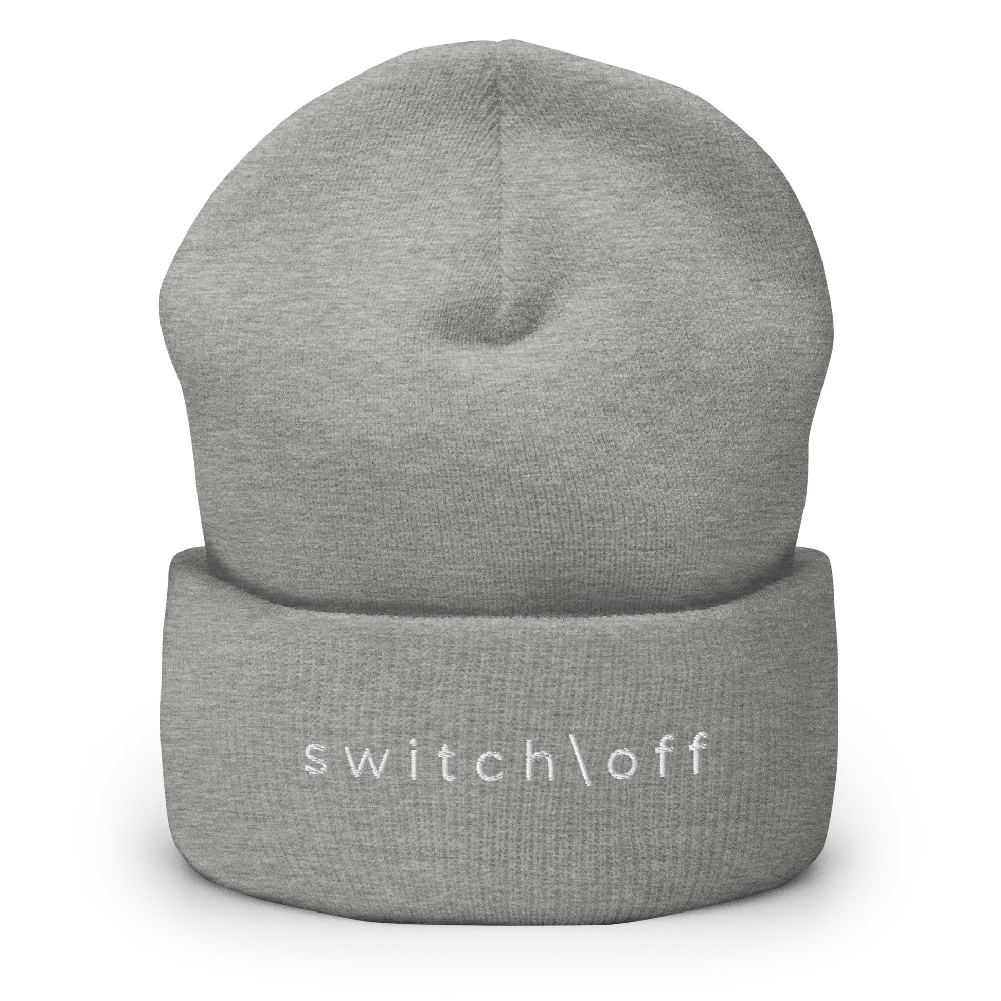 100% hypoallergenic Turbo acrylic cuffed beanie in gray with white switch\off embroidery - An Athlete Trains recovery gear.