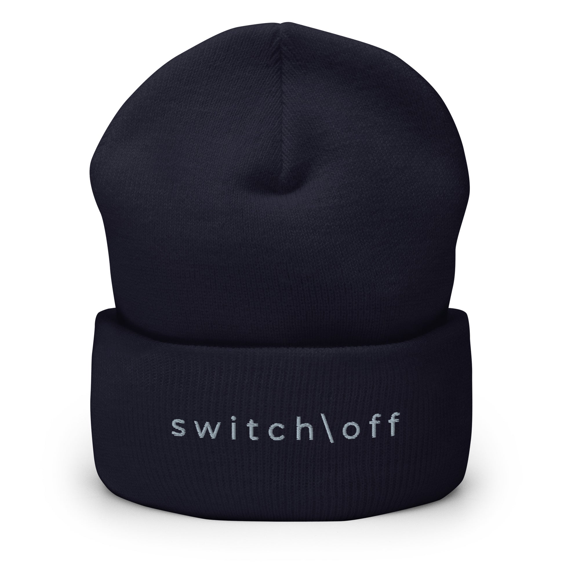 100% hypoallergenic Turbo acrylic cuffed beanie in navy with gray switch\off embroidery - An Athlete Trains recovery gear.