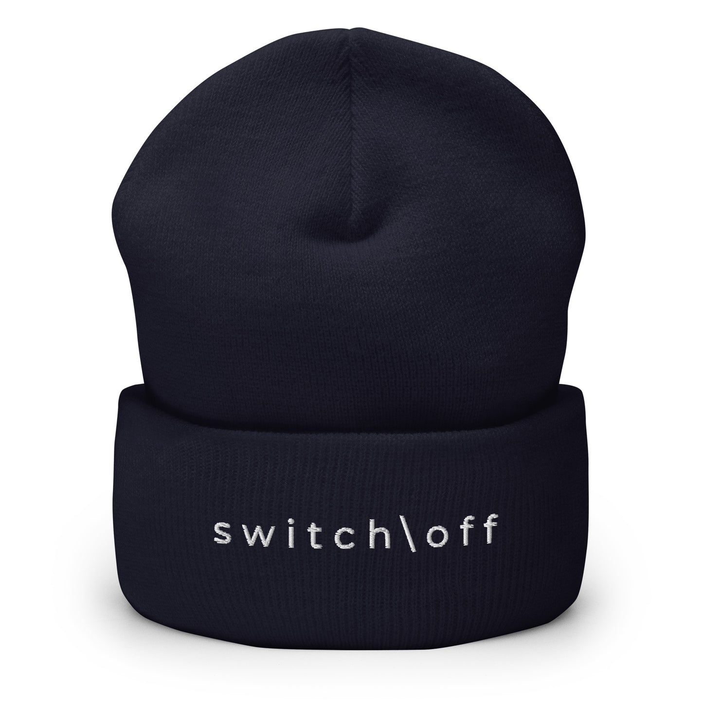 100% hypoallergenic Turbo acrylic cuffed beanie in navy with white switch\off embroidery - An Athlete Trains recovery gear.