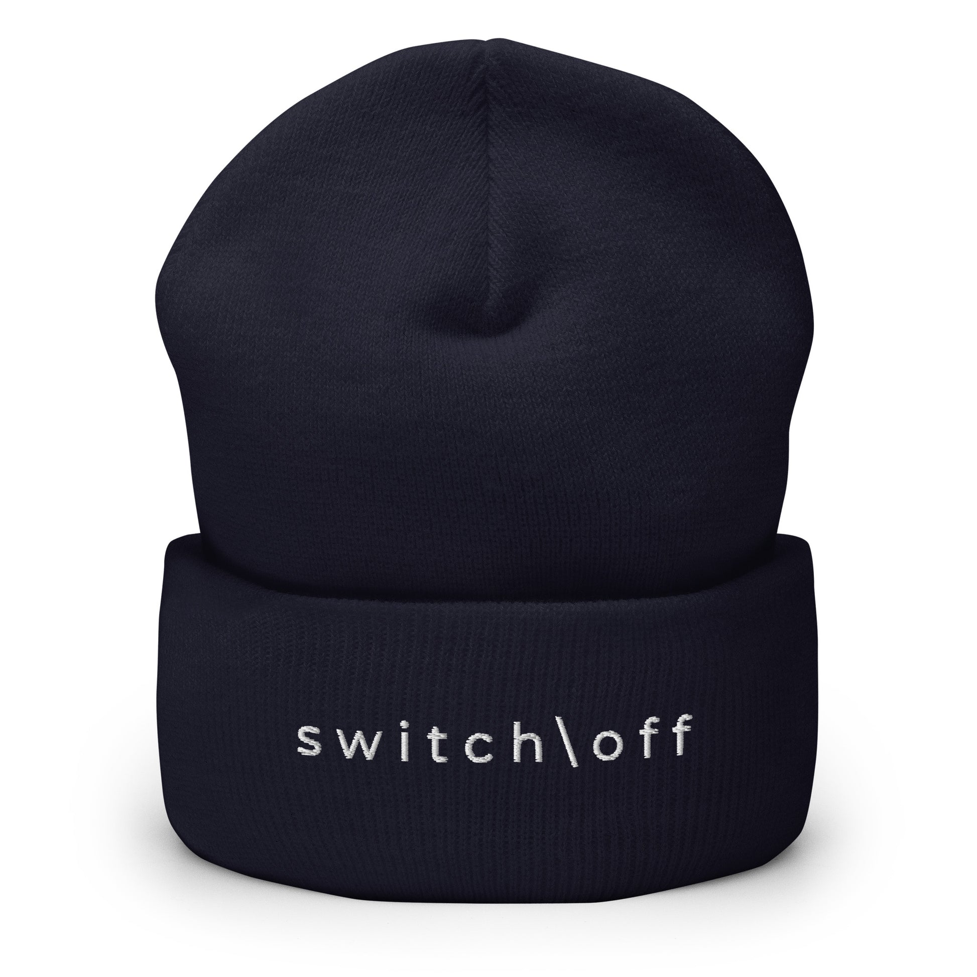 100% hypoallergenic Turbo acrylic cuffed beanie in navy with white switch\off embroidery - An Athlete Trains recovery gear.