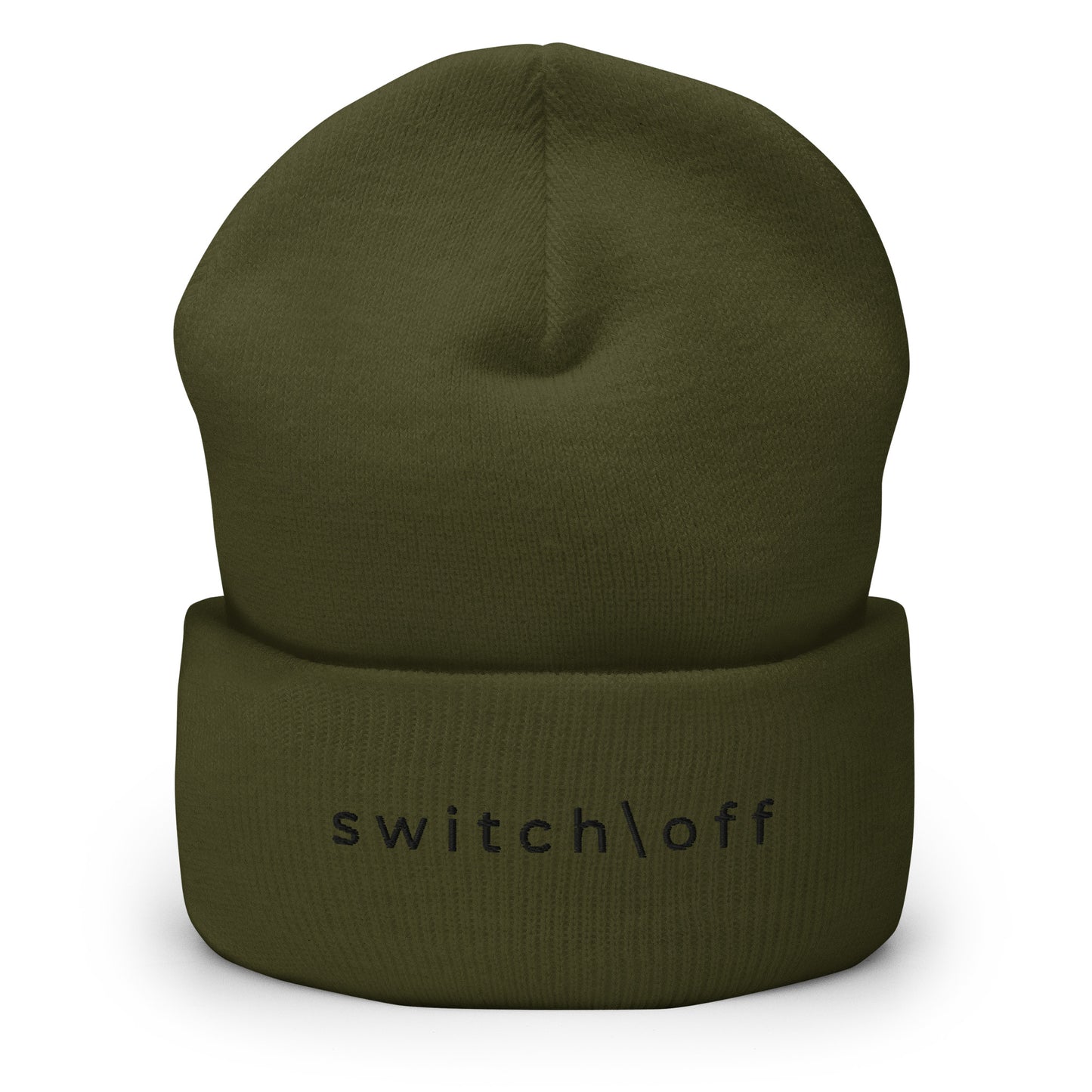 100% hypoallergenic Turbo acrylic cuffed beanie in olive with black switch\off embroidery - An Athlete Trains recovery gear.