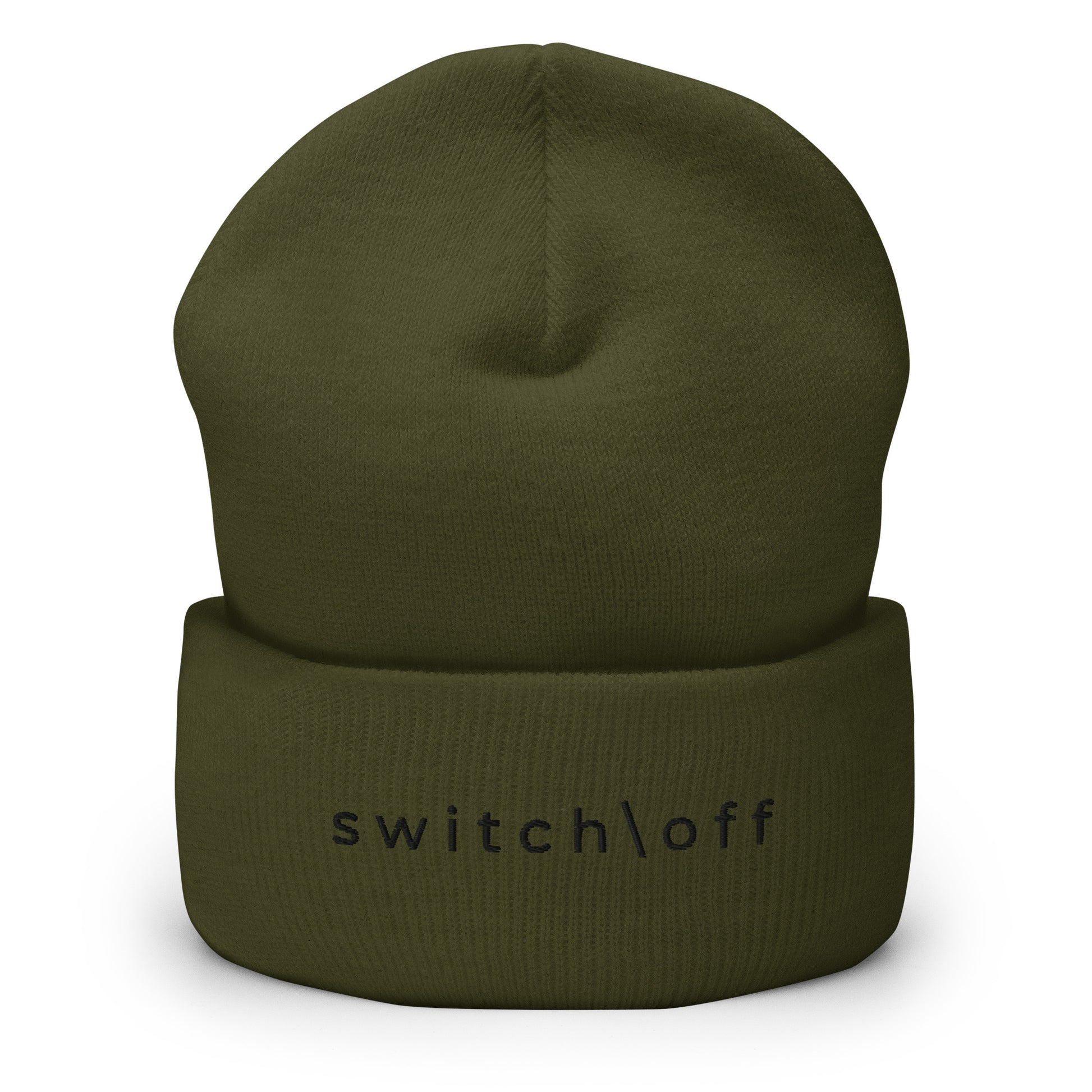 100% hypoallergenic Turbo acrylic cuffed beanie in olive with black switch\off embroidery - An Athlete Trains recovery gear.