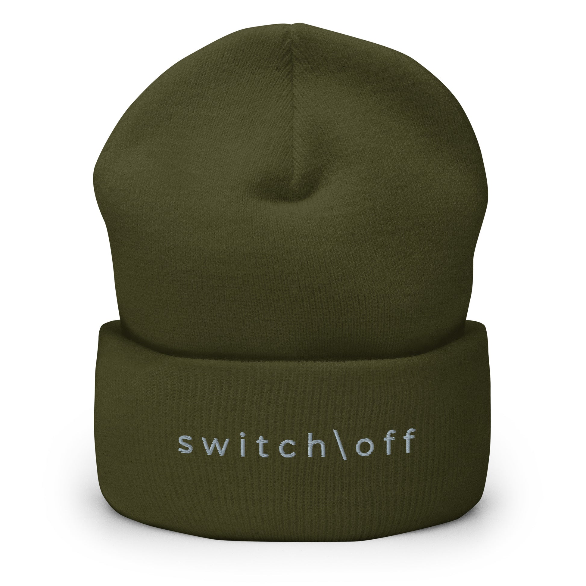 100% hypoallergenic Turbo acrylic cuffed beanie in olive with gray switch\off embroidery - An Athlete Trains recovery gear.