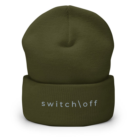 100% hypoallergenic Turbo acrylic cuffed beanie in olive with gray switch\off embroidery - An Athlete Trains recovery gear.