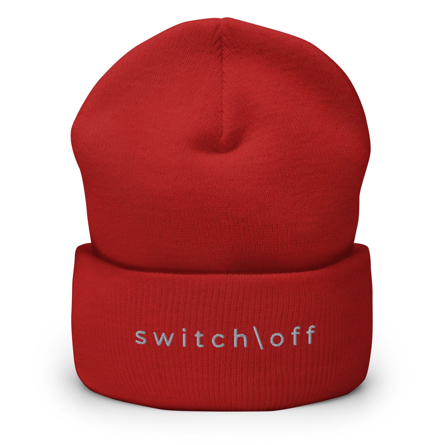 100% hypoallergenic Turbo acrylic cuffed beanie in red with gray switch\off embroidery - An Athlete Trains recovery gear.