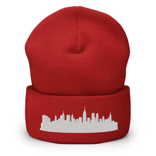 New York Edition Cuffed Beanie in red —hypoallergenic athletic knit headwear | Our City |An Athlete Trains