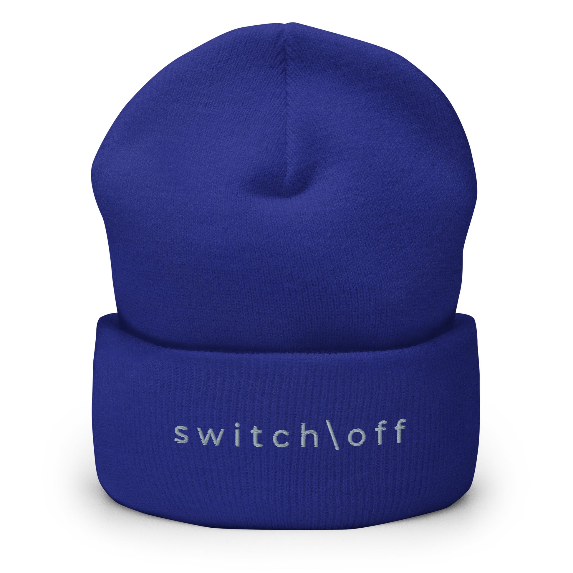 100% hypoallergenic Turbo acrylic cuffed beanie in Royal blue with gray switch\off embroidery - An Athlete Trains recovery gear.