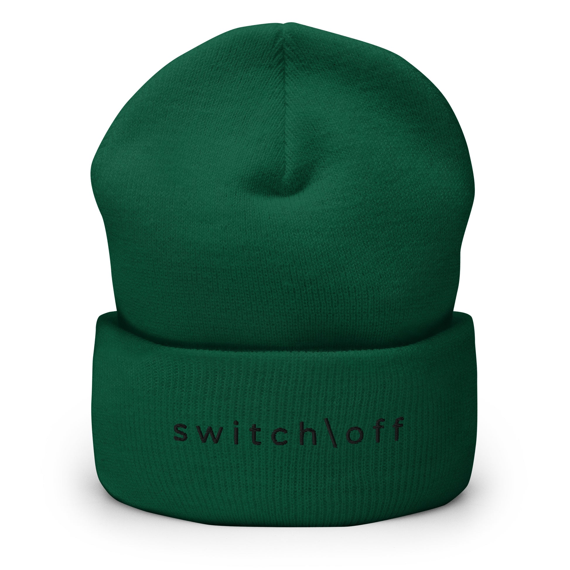100% hypoallergenic Turbo acrylic cuffed beanie in spruce green with black switch\off embroidery - An Athlete Trains recovery gear.