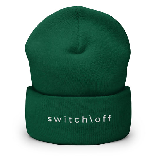 100% hypoallergenic Turbo acrylic cuffed beanie in spruce green with white switch\off embroidery - An Athlete Trains recovery gear.