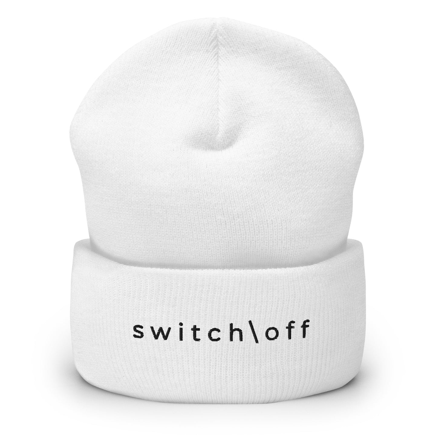 100% hypoallergenic Turbo acrylic cuffed beanie in white with black switch\off embroidery - An Athlete Trains recovery gear.