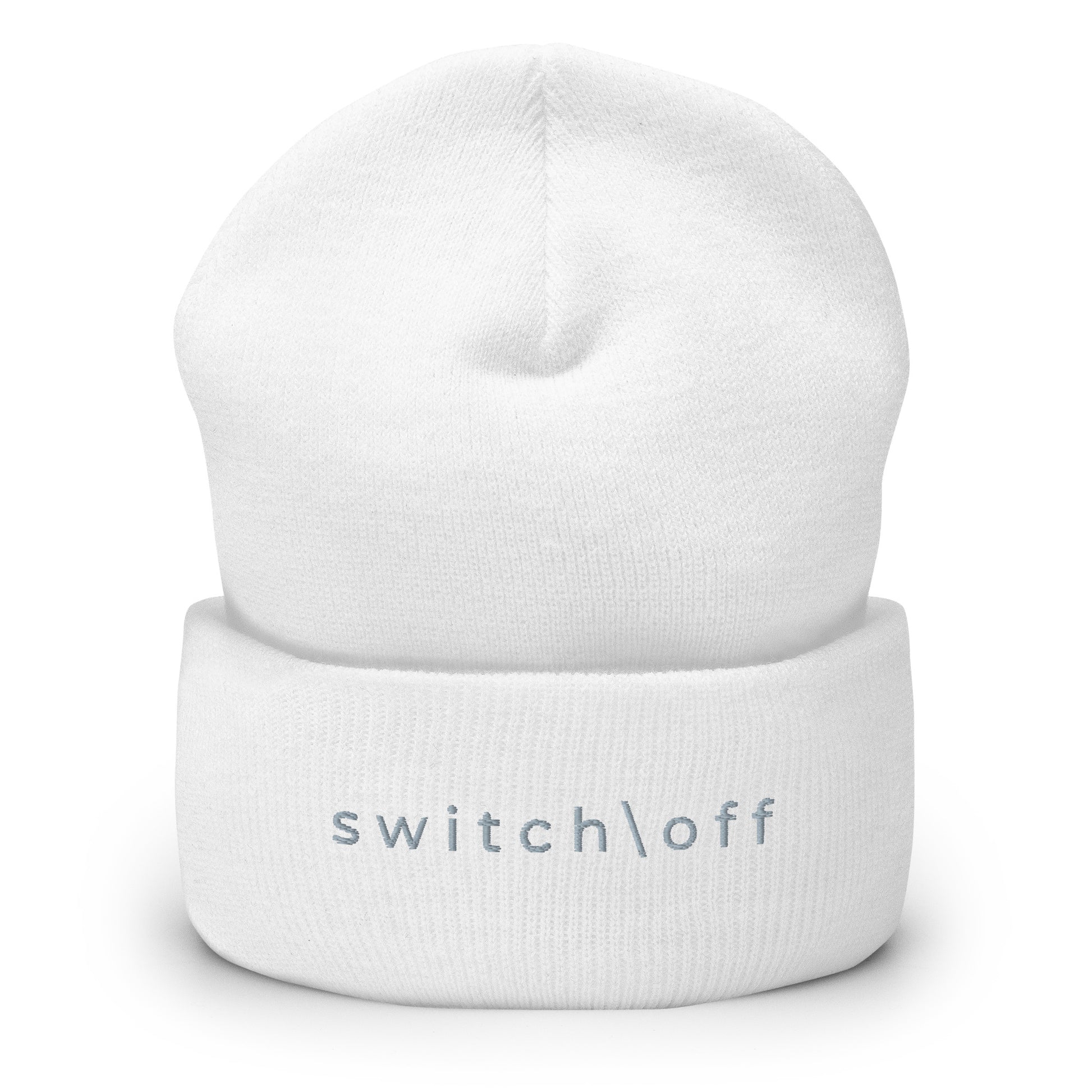 100% hypoallergenic Turbo acrylic cuffed beanie in white with gray switch\off embroidery - An Athlete Trains recovery gear.