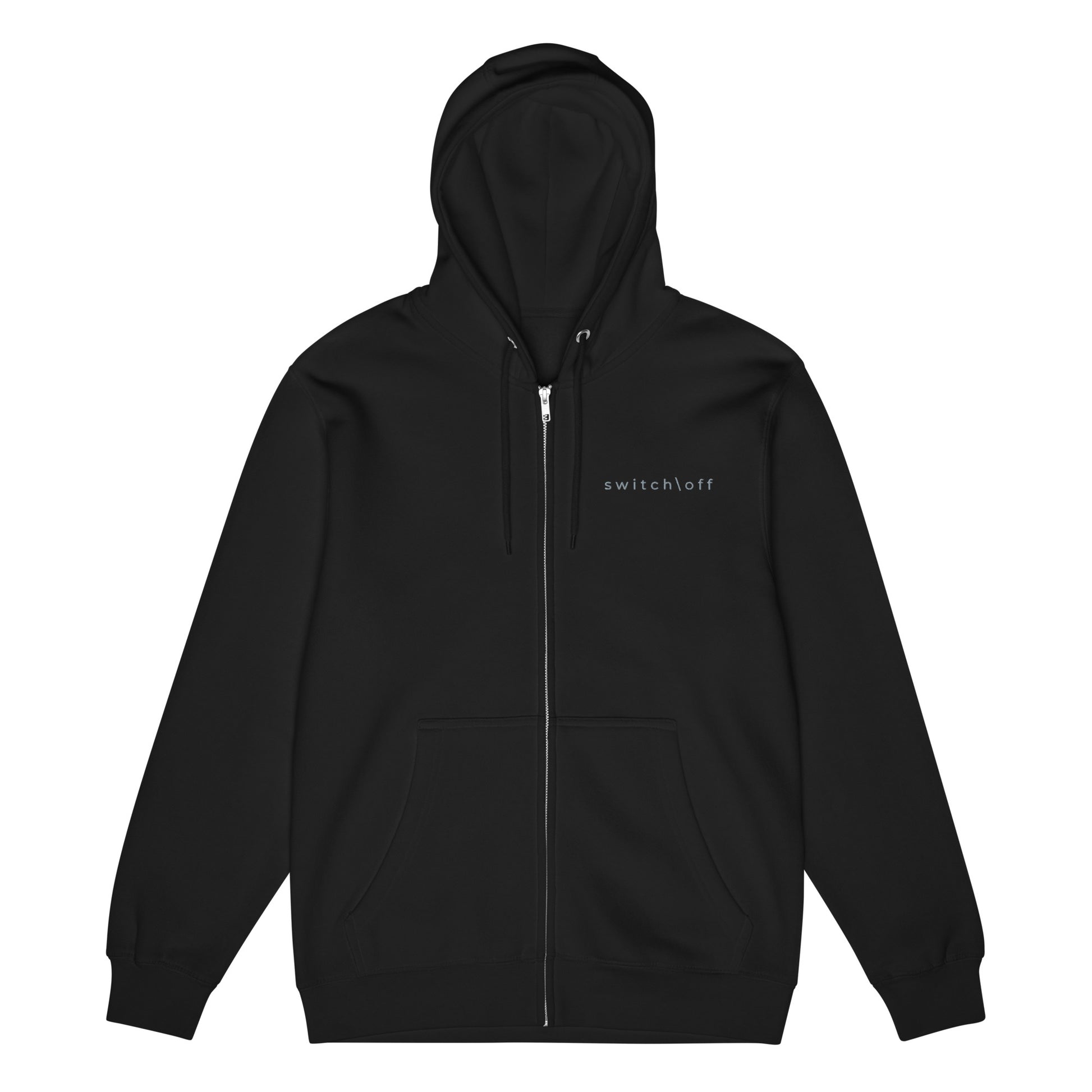 Warm fleece full zip hoodie in 8 oz hoodie in black with gray switch\off and logo embroidery - An Athlete Trains.