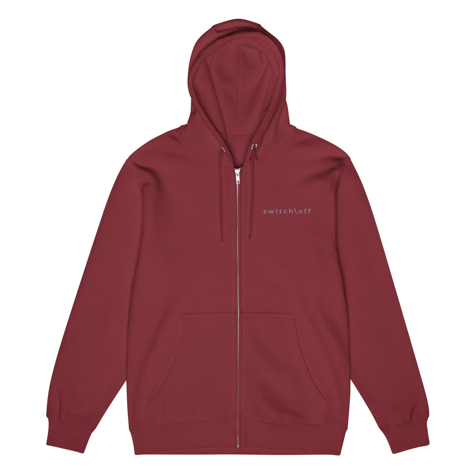 Warm fleece full zip hoodie in 8 oz hoodie in burgundy with gray switch\off and logo embroidery - An Athlete Trains.