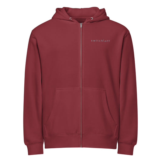 Warm fleece full zip hoodie in 8 oz hoodie in burgundy with gray switch\off and logo embroidery - An Athlete Trains.