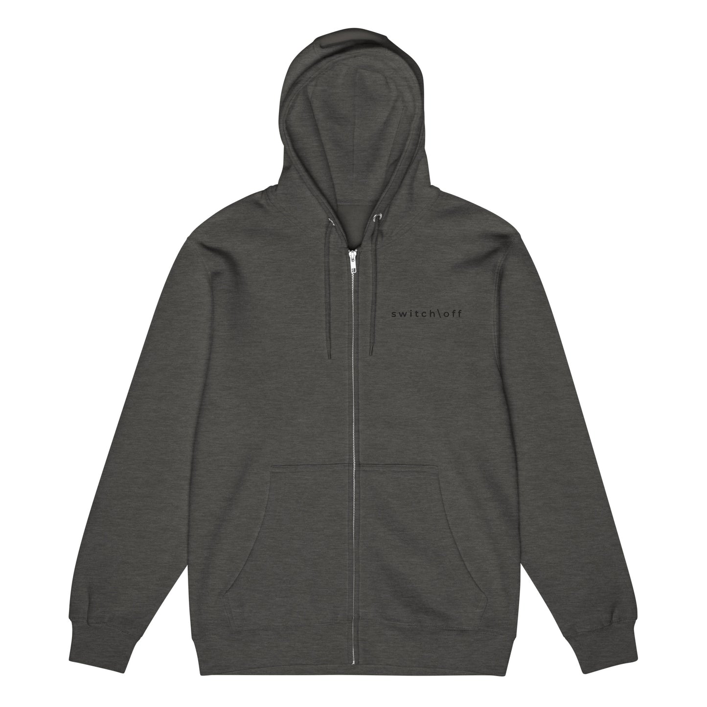 Warm fleece full zip hoodie in 8 oz hoodie in charcoal heather black with black switch\off and logo embroidery - An Athlete Trains.