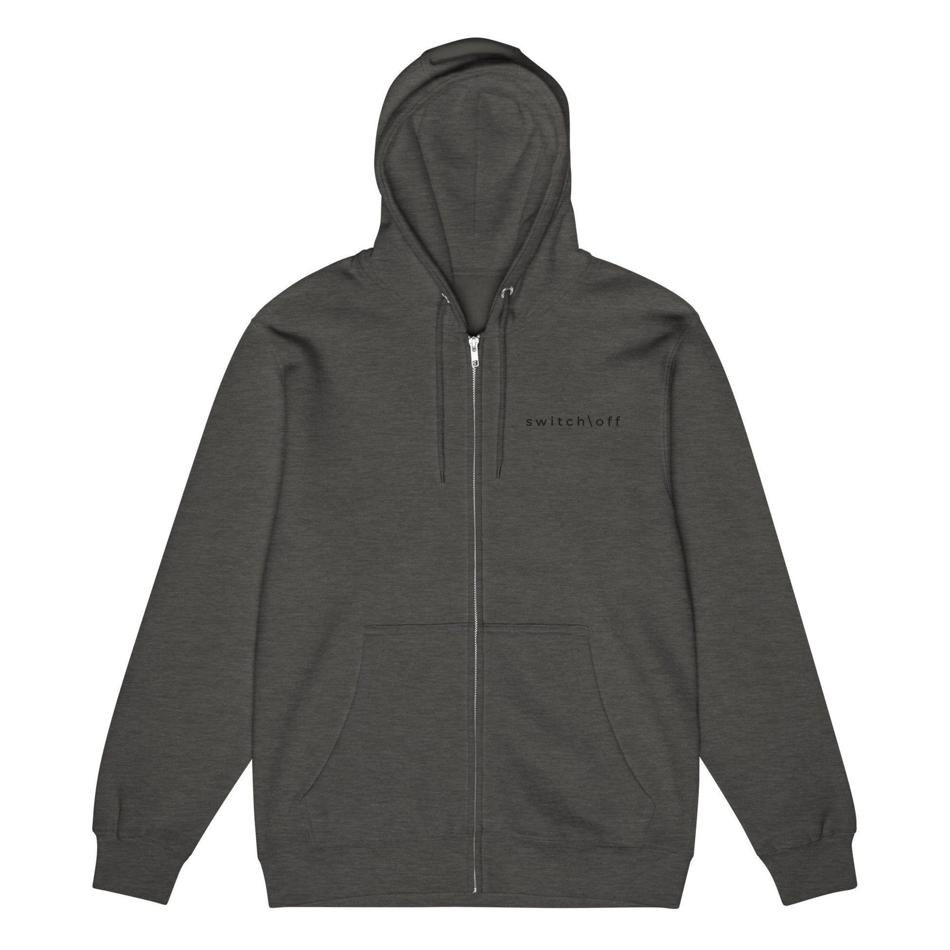 Warm fleece full zip hoodie in 8 oz hoodie in charcoal heather black with black switch\off and logo embroidery - An Athlete Trains.