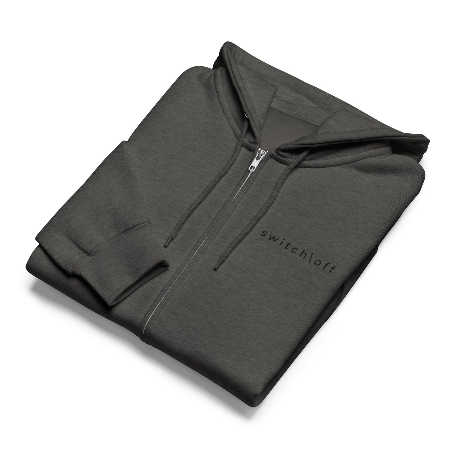 Warm fleece full zip hoodie in 8 oz hoodie in charcoal heather black with black switch\off and logo embroidery - An Athlete Trains.