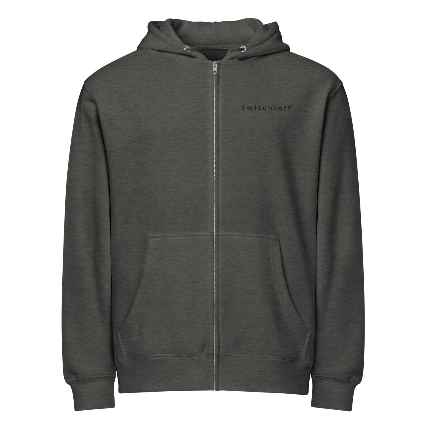 Warm fleece full zip hoodie in 8 oz hoodie in charcoal heather black with black switch\off and logo embroidery - An Athlete Trains.