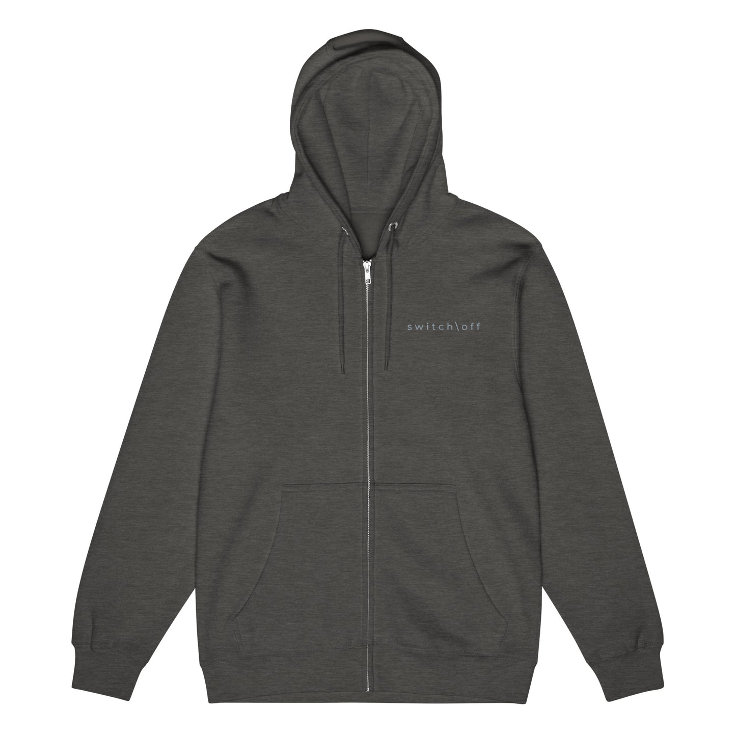 Warm fleece full zip hoodie in 8 oz hoodie in charcoal heather with gray switch\off and logo embroidery - An Athlete Trains.