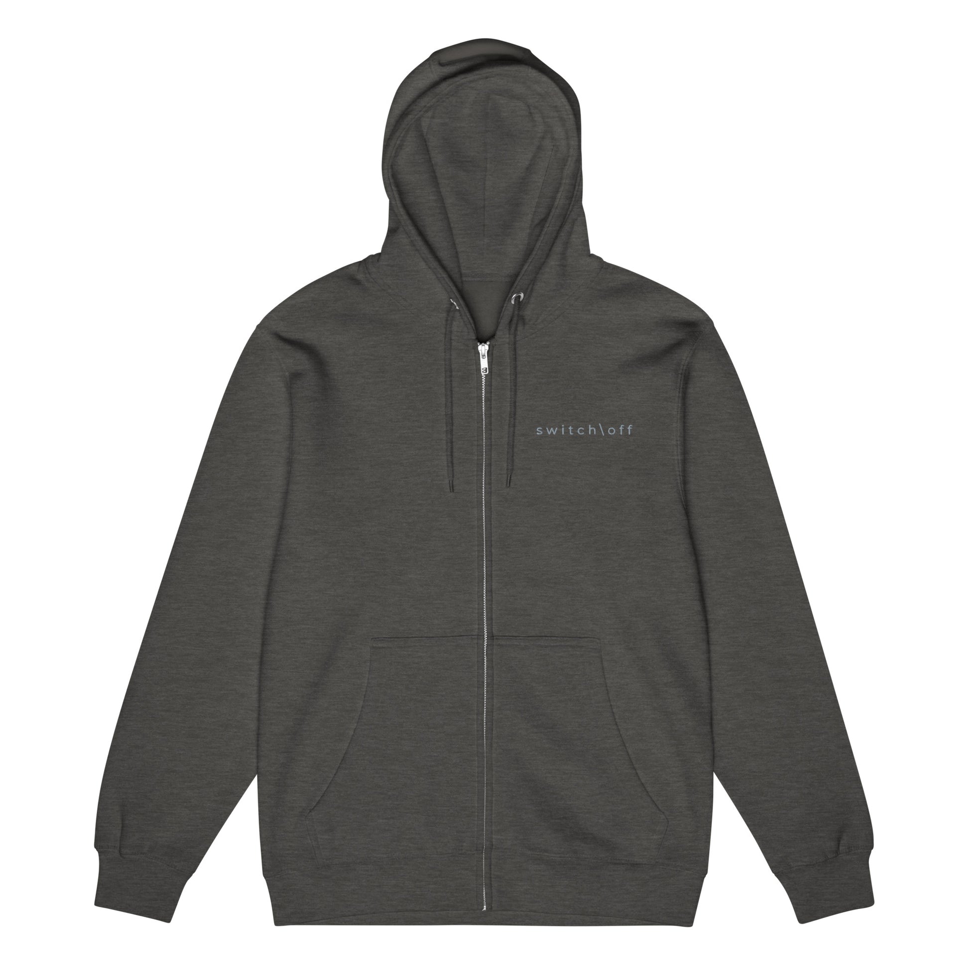 Warm fleece full zip hoodie in 8 oz hoodie in charcoal heather with gray switch\off and logo embroidery - An Athlete Trains.