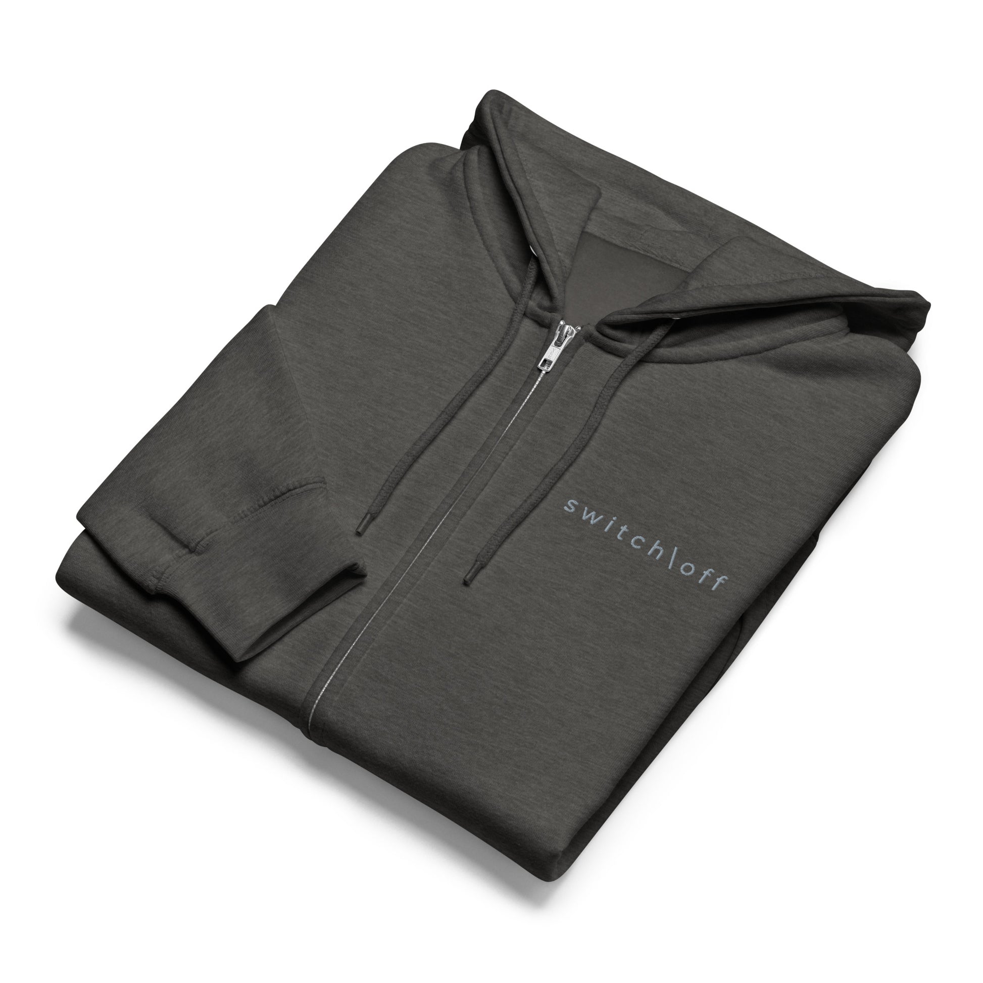 Warm fleece full zip hoodie in 8 oz hoodie in charcoal heather with gray switch\off and logo embroidery - An Athlete Trains.