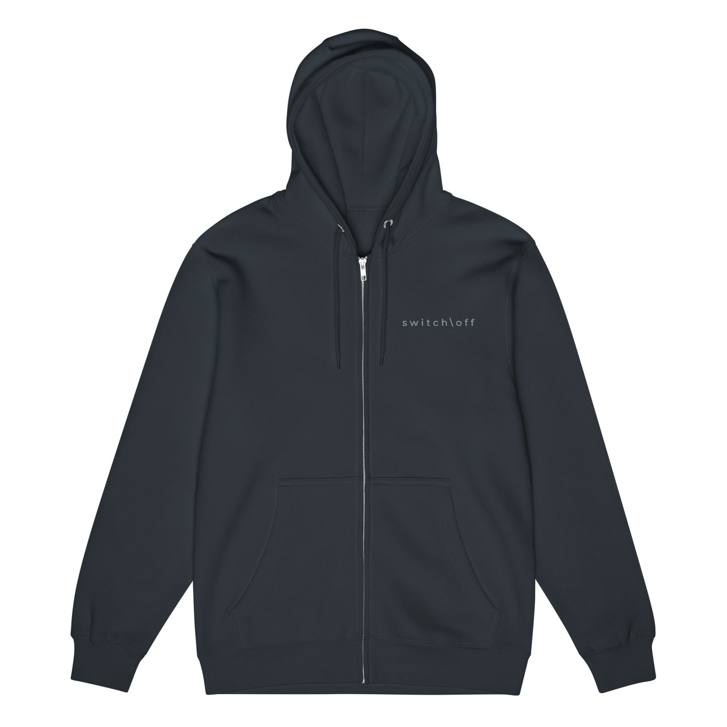 Warm fleece full zip hoodie in 8 oz hoodie in navy with gray switch\off and logo embroidery - An Athlete Trains.