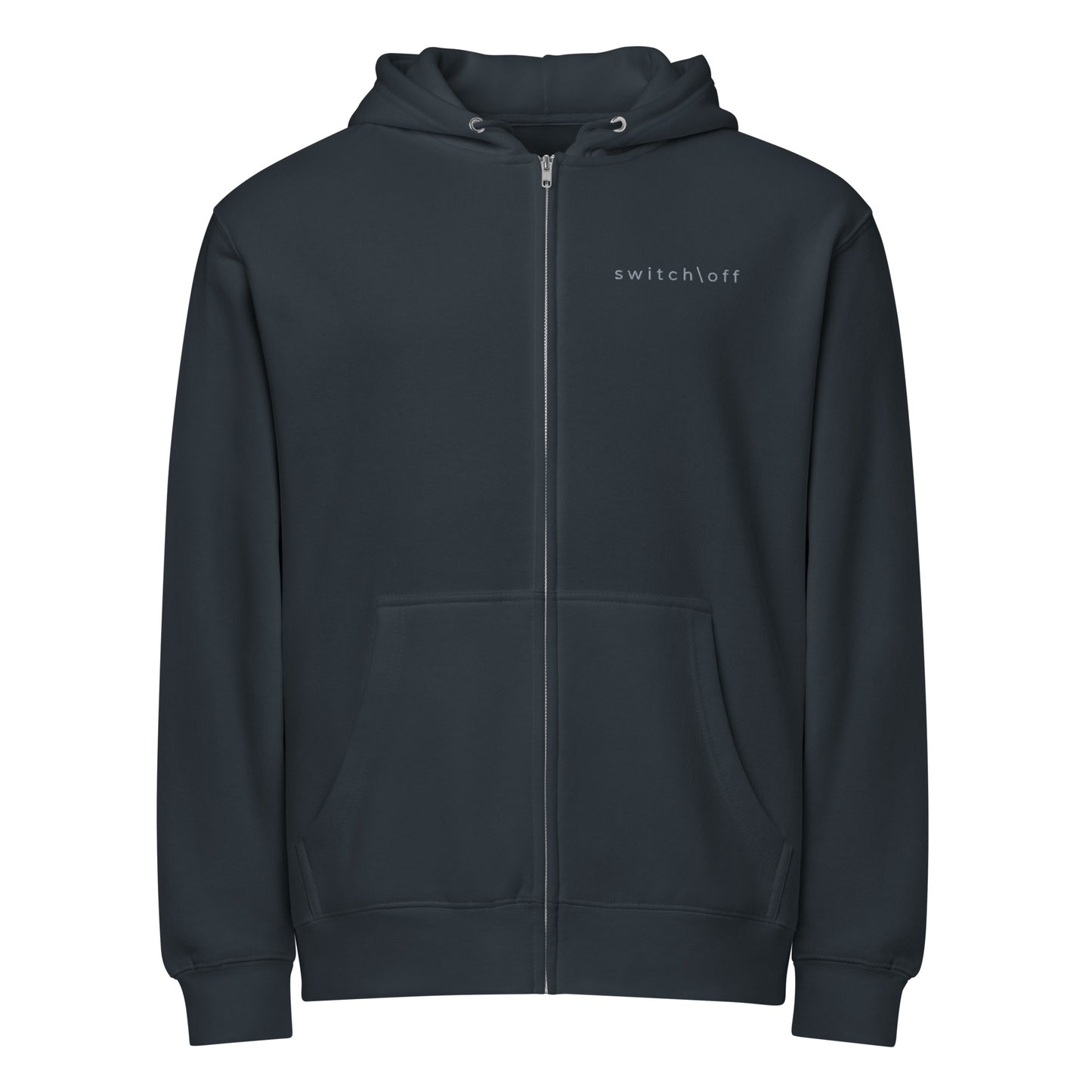 Warm fleece full zip hoodie in 8 oz hoodie in navy with gray switch\off and logo embroidery - An Athlete Trains.