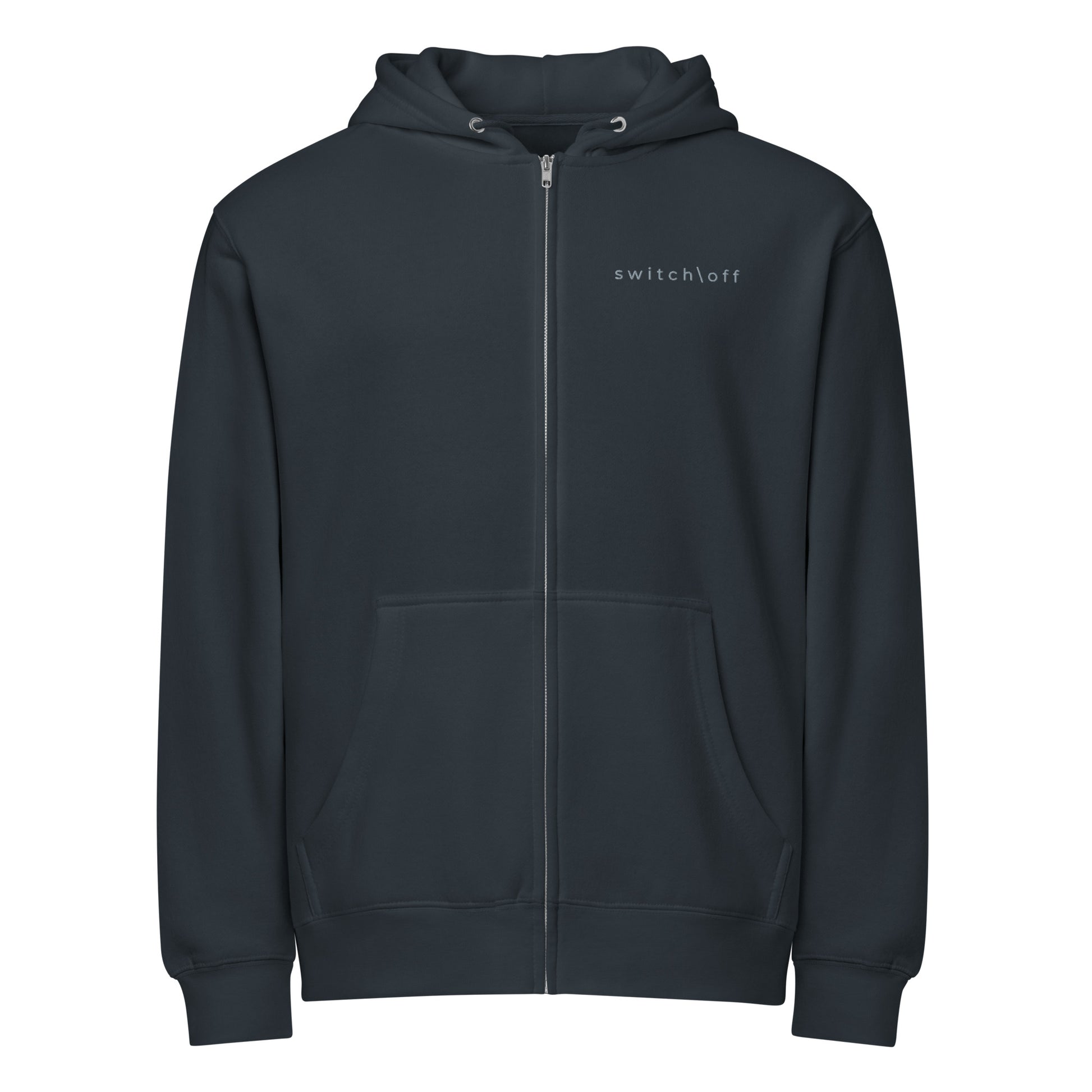 Warm fleece full zip hoodie in 8 oz hoodie in navy with gray switch\off and logo embroidery - An Athlete Trains.