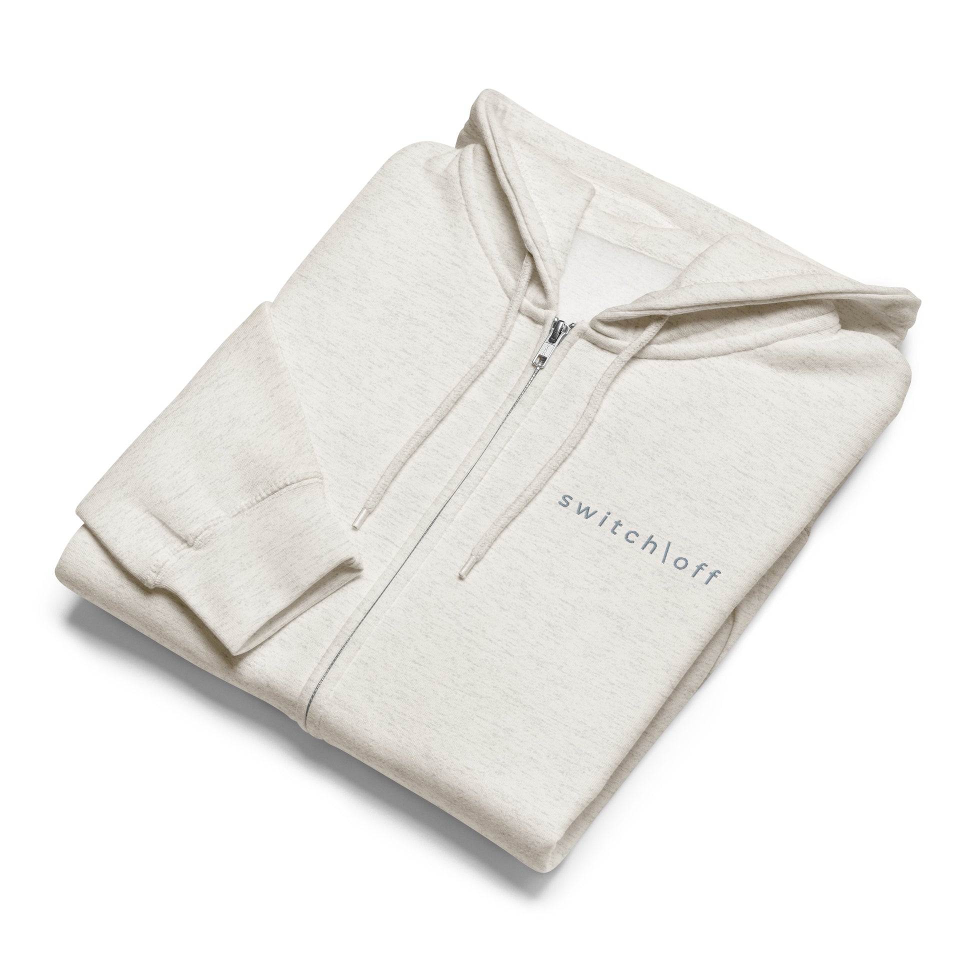 Warm fleece full zip hoodie in 8 oz hoodie in oatmeal with gray switch\off and logo embroidery - An Athlete Trains.