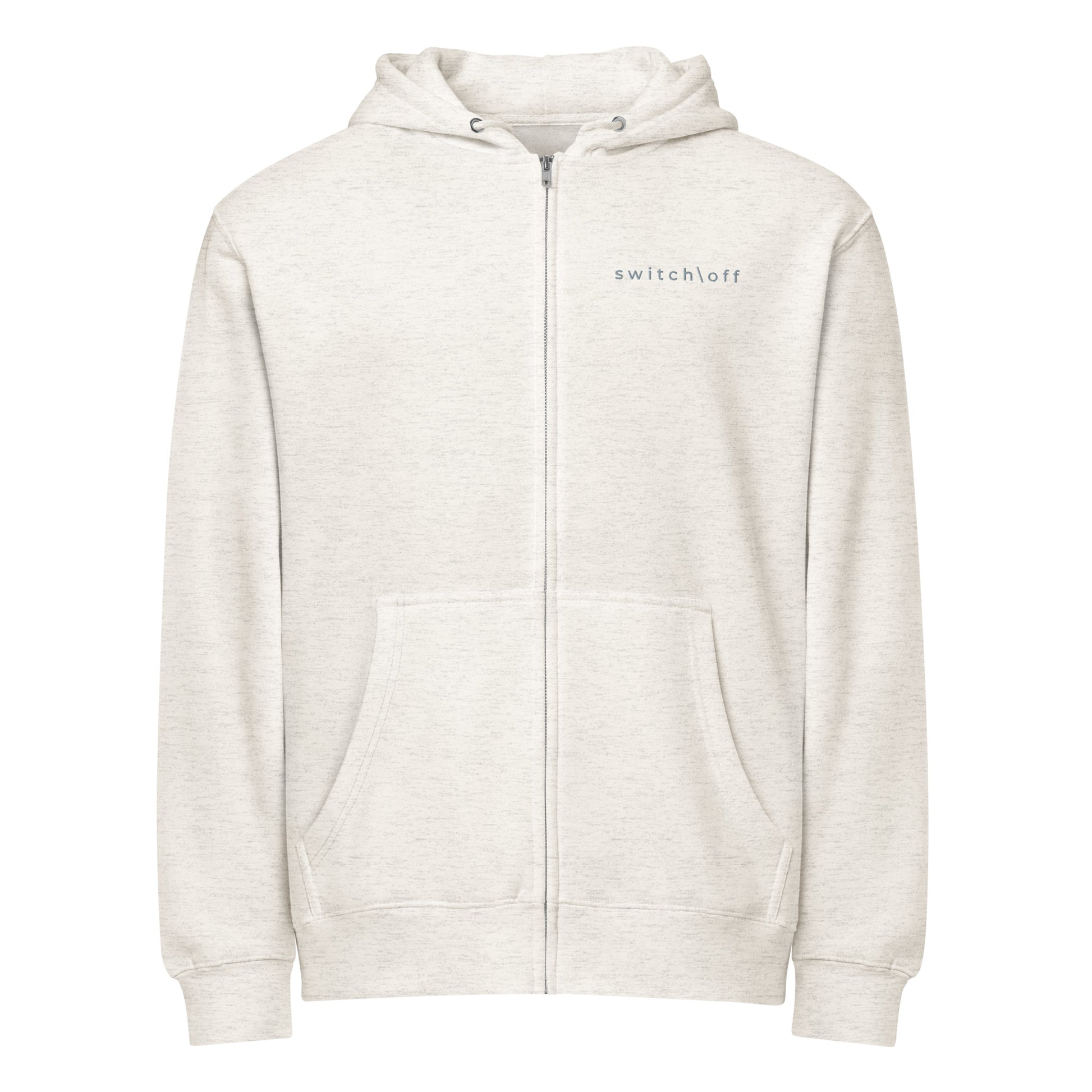 Warm fleece full zip hoodie in 8 oz hoodie in oatmeal with gray switch\off and logo embroidery - An Athlete Trains.