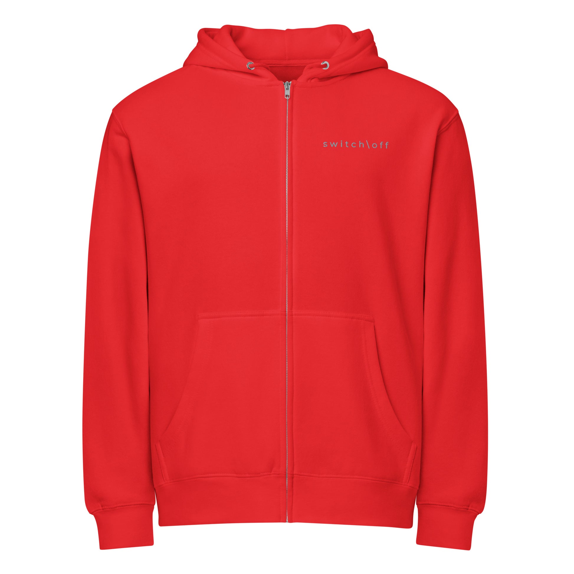 Warm fleece full zip hoodie in 8 oz hoodie in red with gray switch\off and logo embroidery - An Athlete Trains.