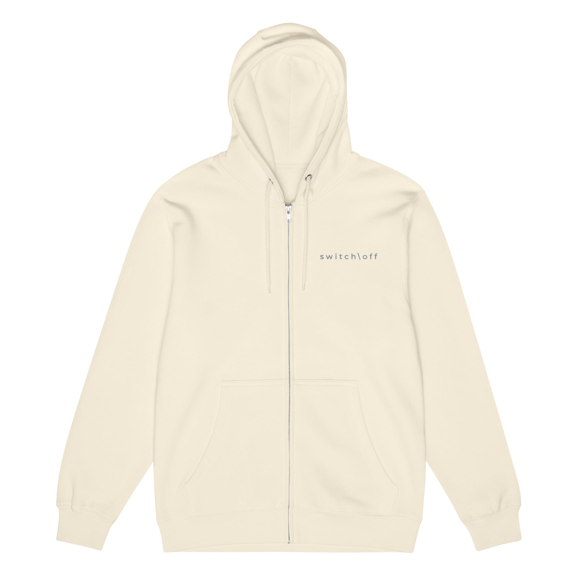 Warm fleece full zip hoodie in 8 oz hoodie in sandshell heather with gray switch\off and logo embroidery - An Athlete Trains.