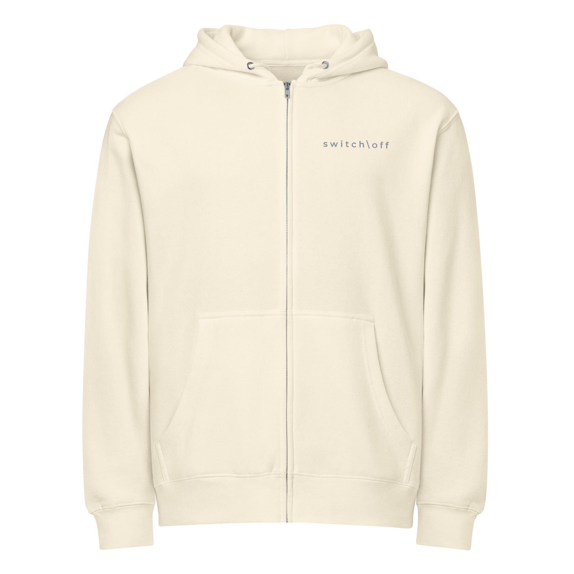 Warm fleece full zip hoodie in 8 oz hoodie in sandshell heather with gray switch\off and logo embroidery - An Athlete Trains.