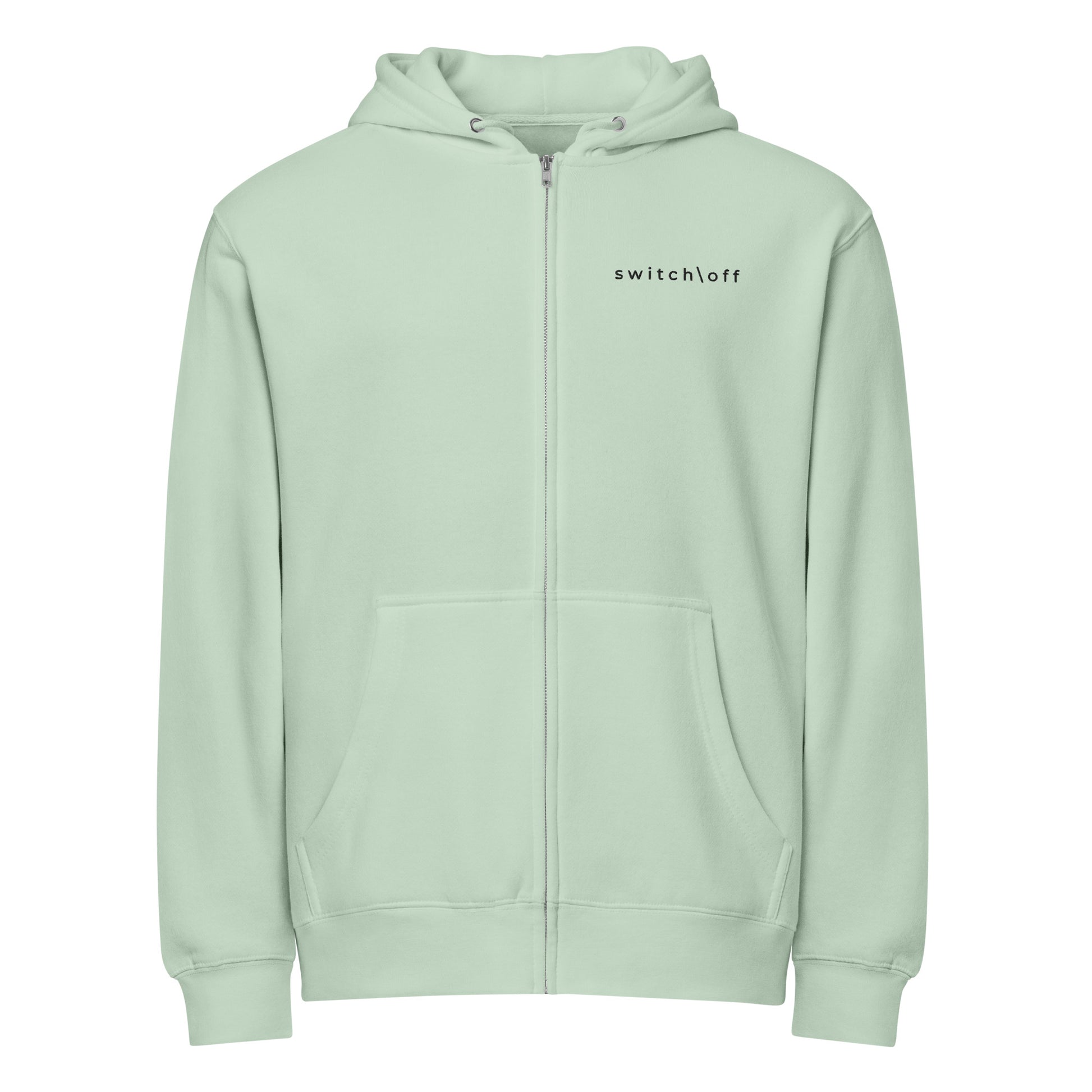 Warm fleece full zip hoodie in 8 oz hoodie in seafoam green with black switch\off and logo embroidery - An Athlete Trains.