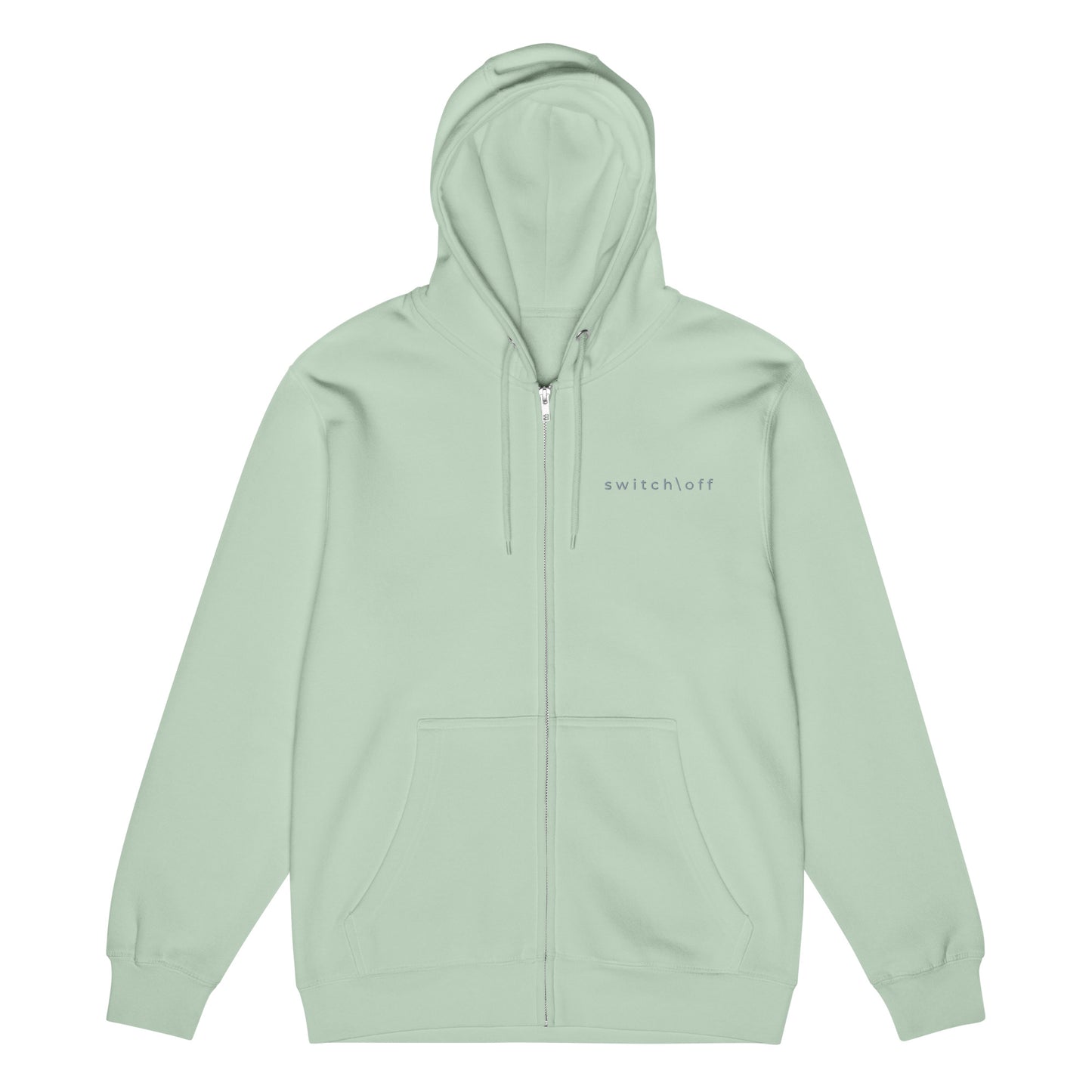 Warm fleece full zip hoodie in 8 oz hoodie in seafoam green with gray switch\off and logo embroidery - An Athlete Trains.