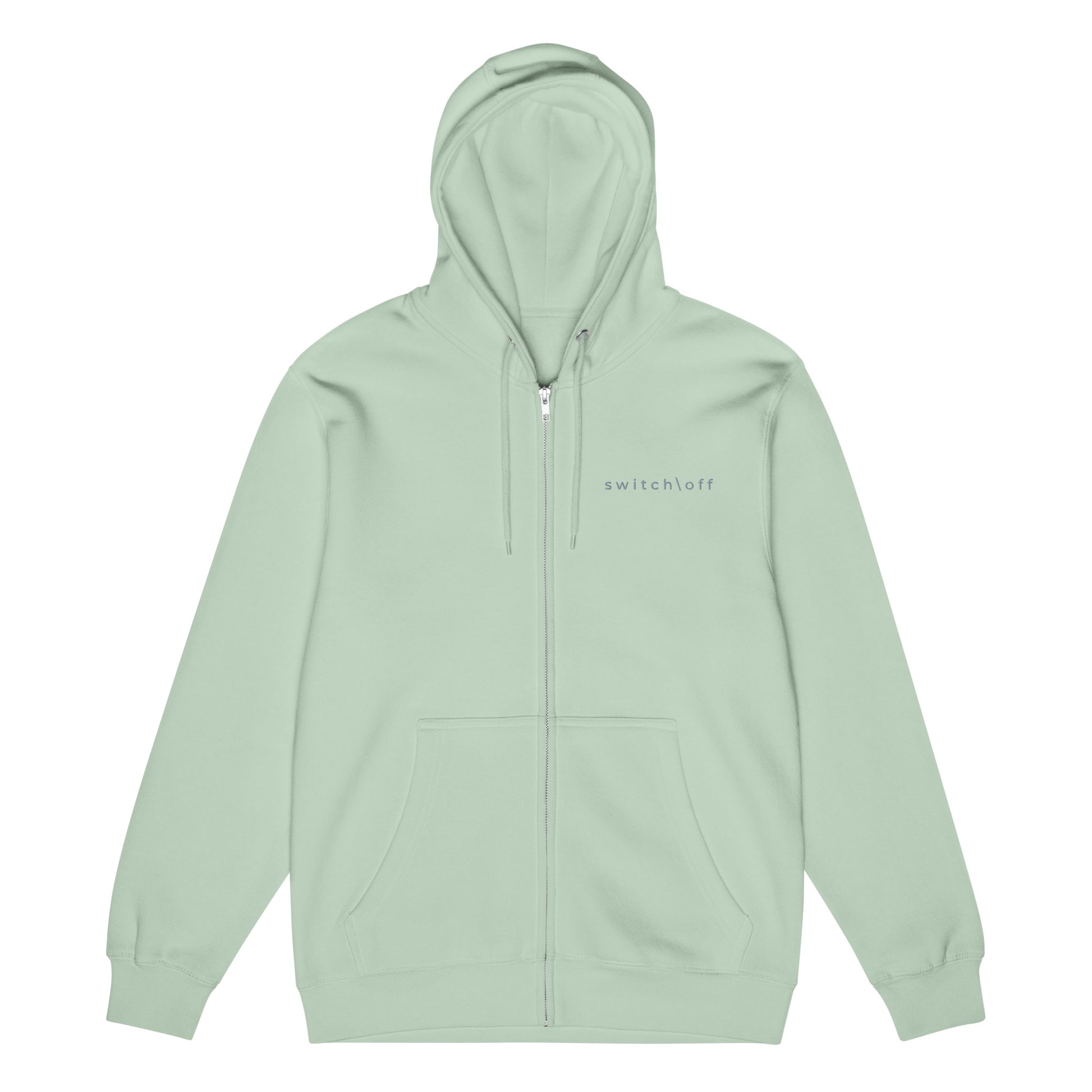 Warm fleece full zip hoodie in 8 oz hoodie in seafoam green with gray switch\off and logo embroidery - An Athlete Trains.