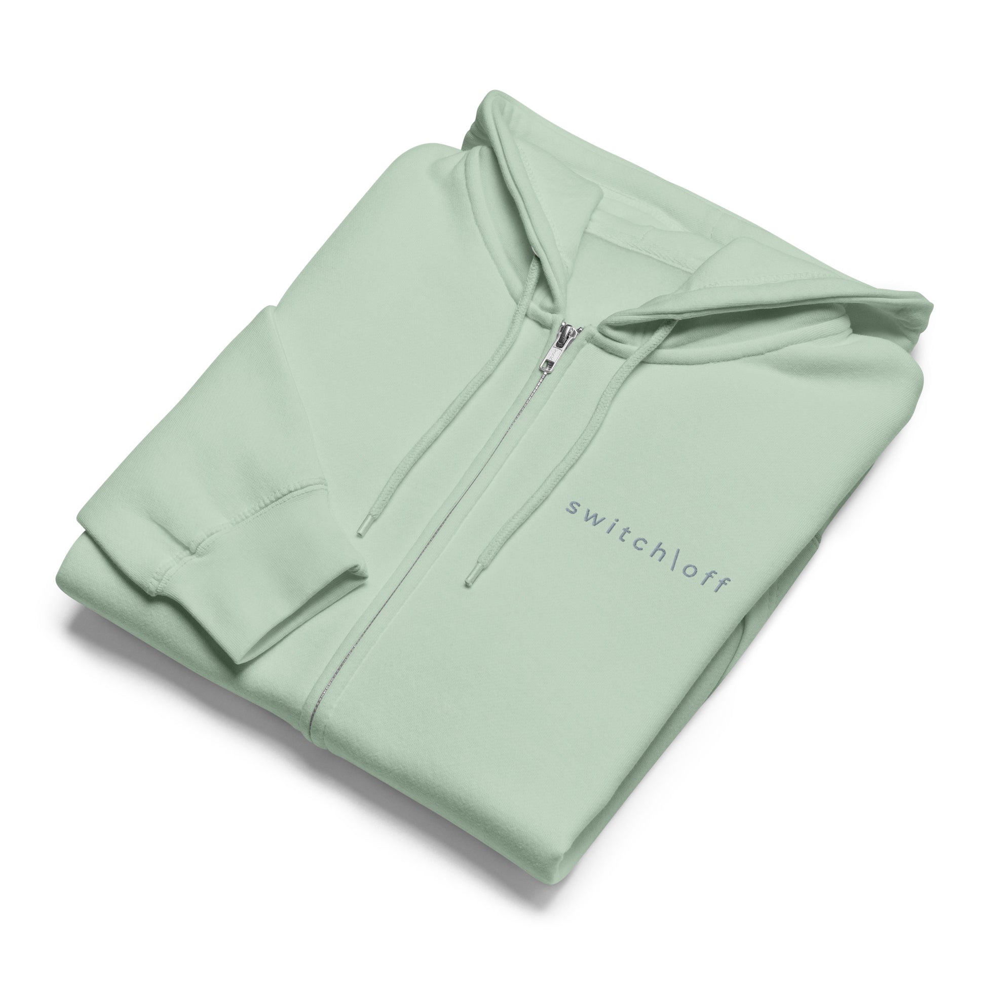 Warm fleece full zip hoodie in 8 oz hoodie in seafoam green with gray switch\off and logo embroidery - An Athlete Trains.