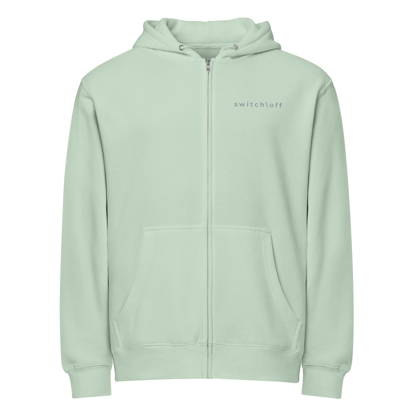 Warm fleece full zip hoodie in 8 oz hoodie in seafoam green with gray switch\off and logo embroidery - An Athlete Trains.