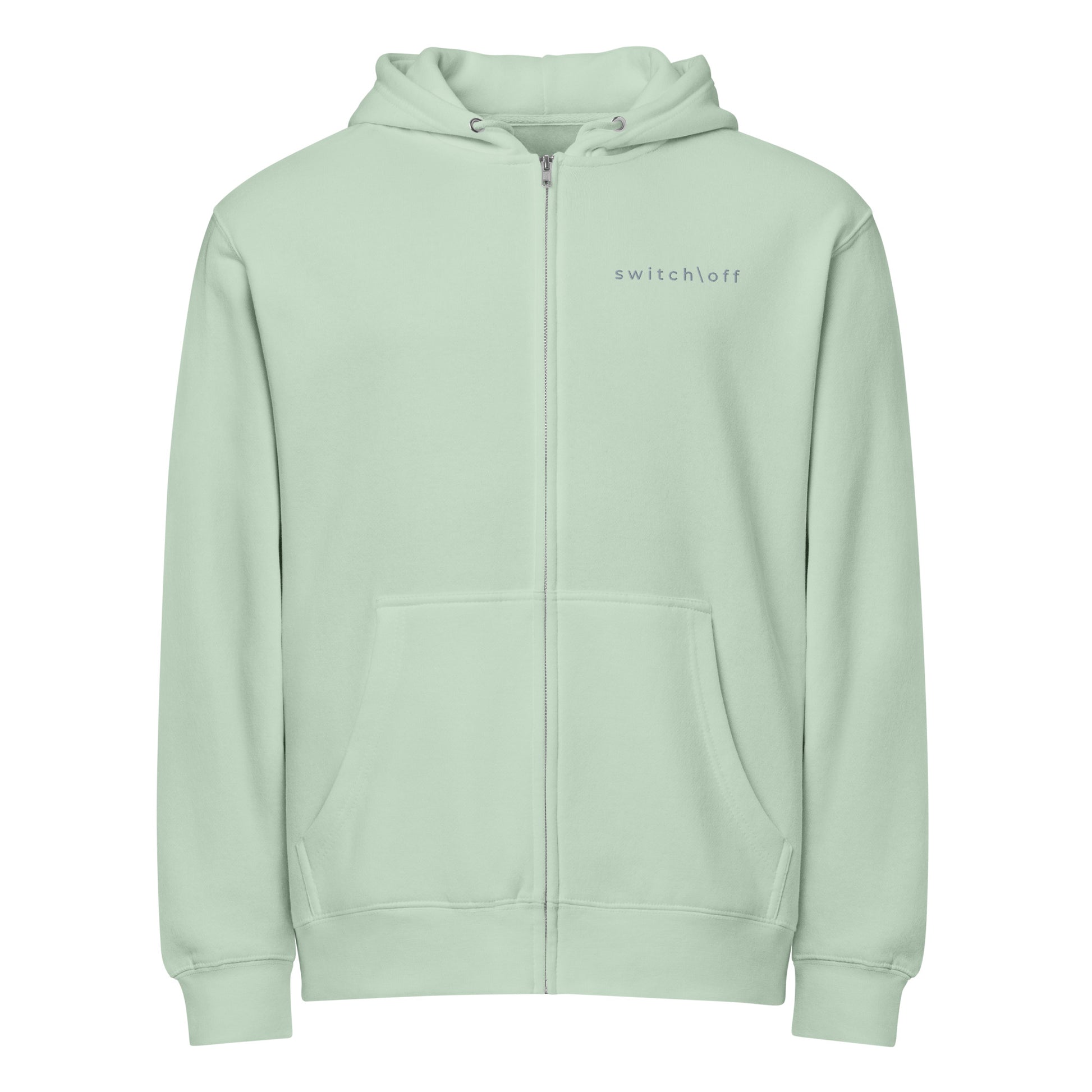 Warm fleece full zip hoodie in 8 oz hoodie in seafoam green with gray switch\off and logo embroidery - An Athlete Trains.