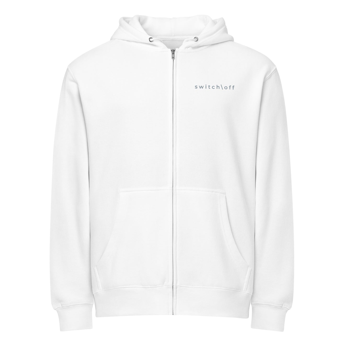Warm fleece full zip hoodie in 8 oz hoodie in white with gray switch\off and logo embroidery - An Athlete Trains.