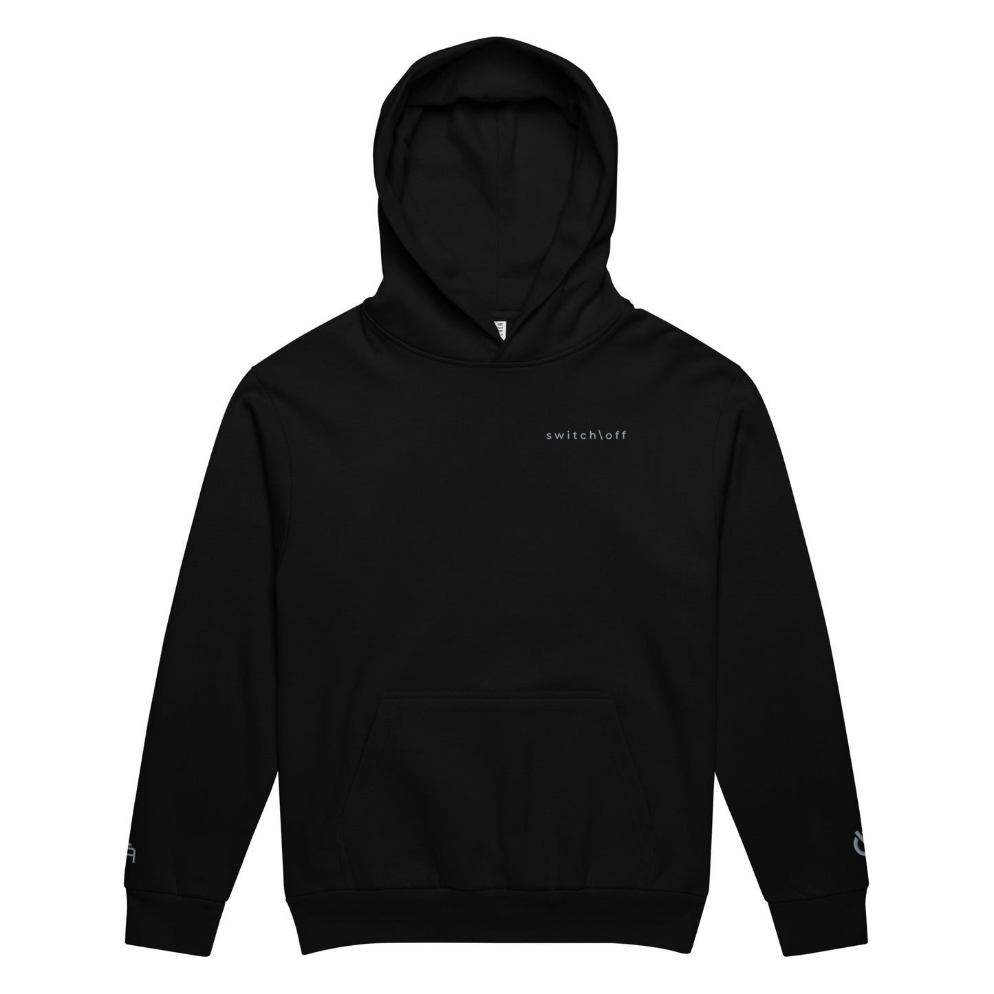 Oversized heavyweight 10 oz hoodie in black with gray switch\off embroidery - An Athlete Trains. Front view 