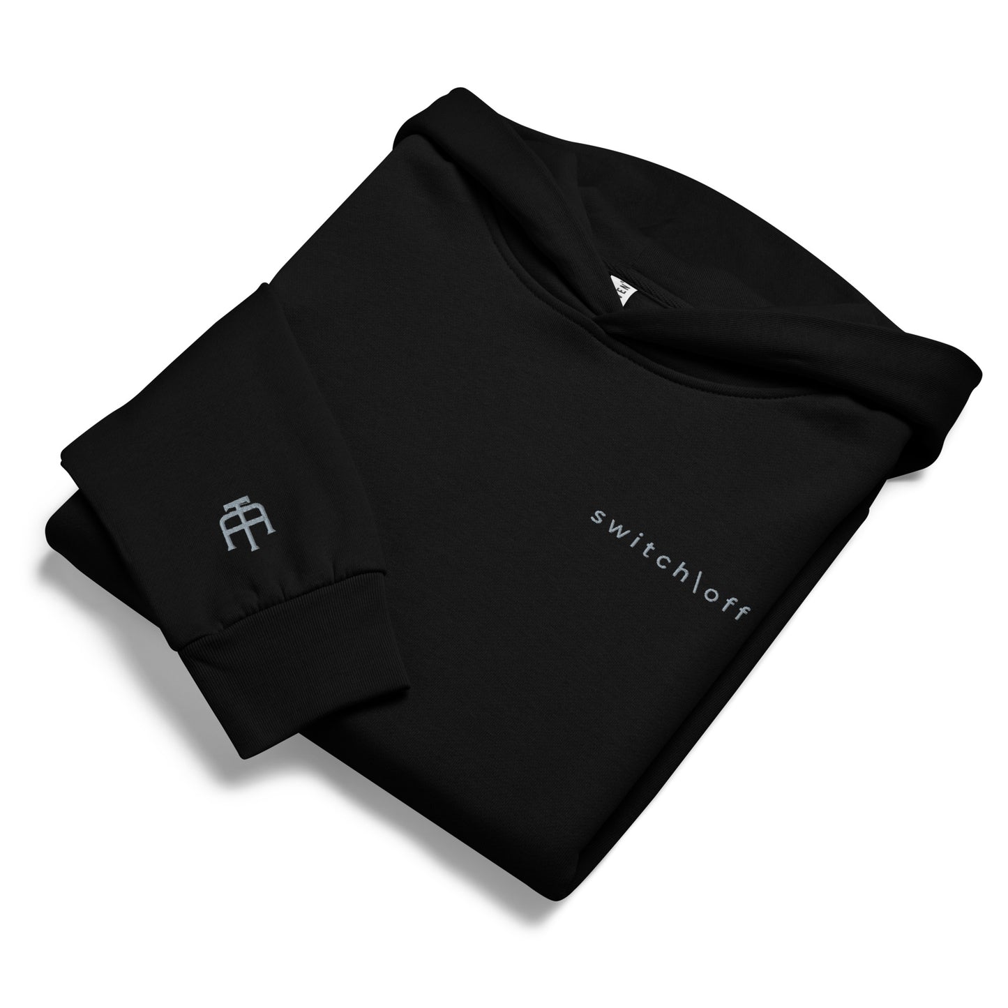 Oversized heavyweight 10 oz hoodie in black with gray switch\off embroidery - An Athlete Trains. Front view 